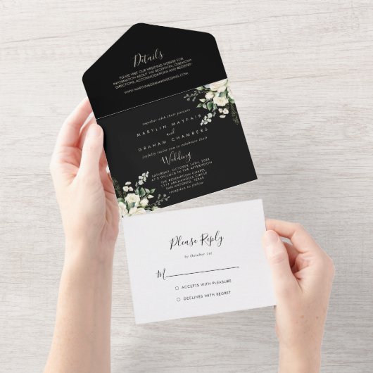 モダンエレガントアイボリー結婚フローラ オールインワン招待状 (貼ってはがせる)