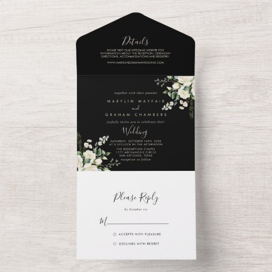 モダンエレガントアイボリー結婚フローラ オールインワン招待状 (内側)