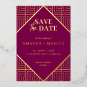 モダンエレガントアールデコ幾何学日付の保存 箔招待状 (正面)