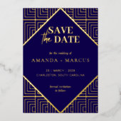 モダンエレガントアールデコ幾何学日付の保存 箔招待状 (正面)
