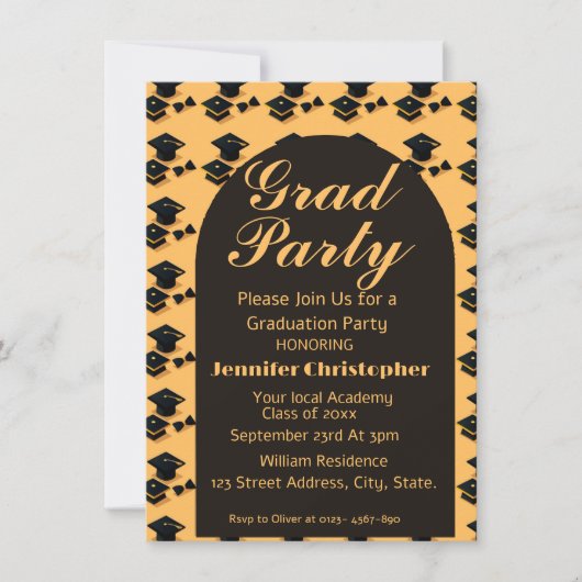 モダンエレガントイエロー&ブラックアーチ卒業 招待状 (正面)