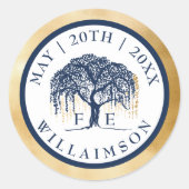 モダンエレガントウィローツリーネイビーブルー金ゴールド結婚 ラウンドシール (正面)