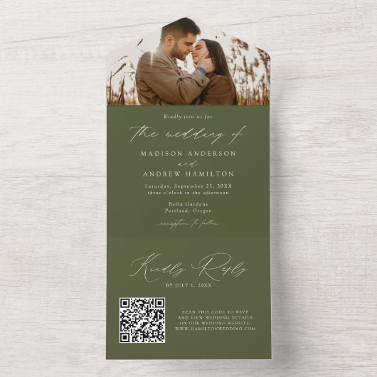 モダンエレガントオリーブグリーン結婚写真 オールインワン招待状 (内側)