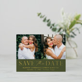モダンエレガントオリーブグリーン2 Photo Save the Date 箔招待状ポストカード (立ち正面)