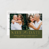 モダンエレガントオリーブグリーン2 Photo Save the Date 箔招待状ポストカード (正面/裏面)
