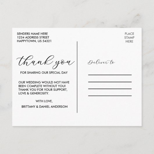 モダンエレガントカリグラフィーウェディングサンクスフォト ポストカード (裏面)