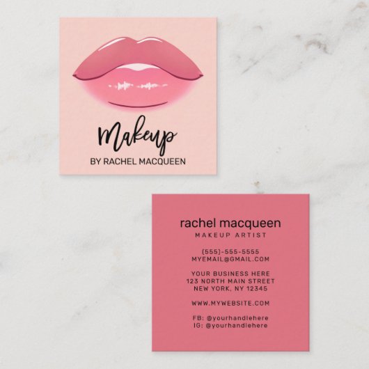 モダンエレガントガーリーPink Lipsメイクアップアーティストスクアール スクエア名刺 (正面/裏面)