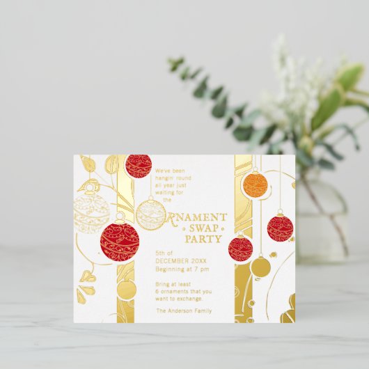 モダンエレガントクリスマス装飾交換パーティー 箔招待状ポストカード (立ち正面)