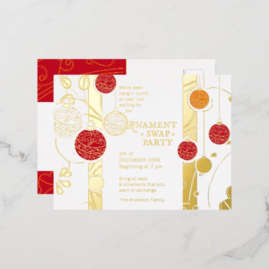 モダンエレガントクリスマス装飾交換パーティー 箔招待状ポストカード (正面/裏面)