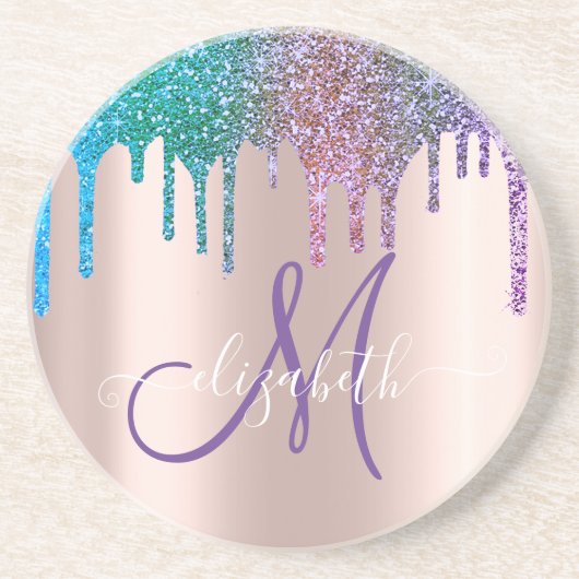 モダンエレガントグリッタードリップバラ金ゴールドモノグラム コースター (正面)