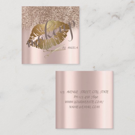 モダンエレガントグリッター唇、はさみ正方形 スクエア名刺 (正面/裏面)