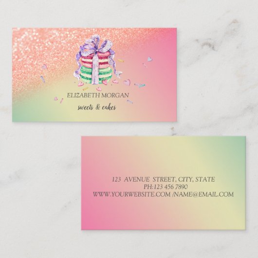 モダンエレガントグリッター《写真》ぼけ味グラデーションマカロン 名刺 (正面/裏面)