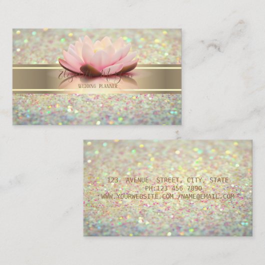 モダンエレガントグリッター《写真》ぼけ味、金ゴールドストライプロータス 名刺 (正面/裏面)