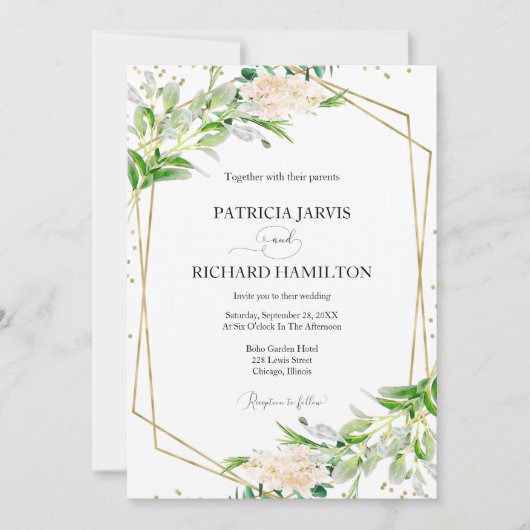 モダンエレガントグリーン幾何学ウェディング 招待状 (正面)