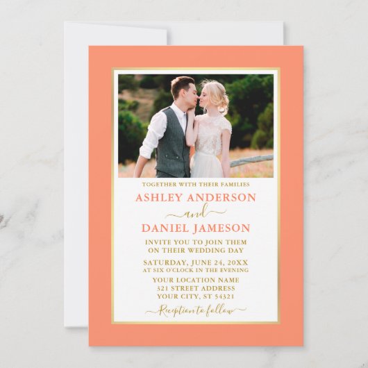 モダンエレガントサンゴ結婚金ゴールド 招待状 (正面)