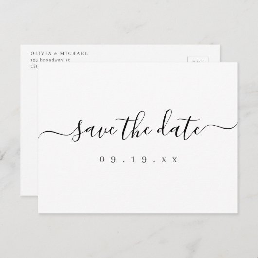 モダンエレガントシンプルスクリプトの結婚式の日付を保存 案内ポストカード (正面/裏面)