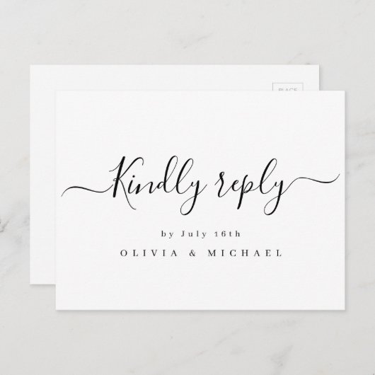 モダンエレガントシンプルスクリプト結婚式RSVP インビテーションポストカード (正面/裏面)