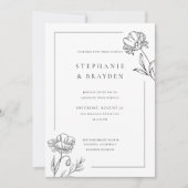 モダンエレガントシンプルフローラ結婚白黒 招待状 (正面)