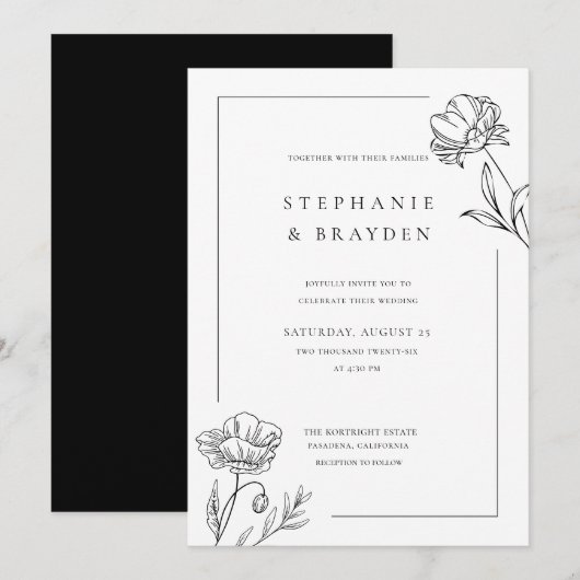 モダンエレガントシンプルフローラ結婚白黒 招待状 (正面/裏面)