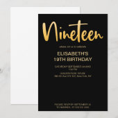 モダンエレガントシンプルブラック19誕生日パーティー 招待状 (正面/裏面)
