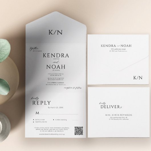 モダンエレガントシンプルモノグラムqr結婚コード オールインワン招待状