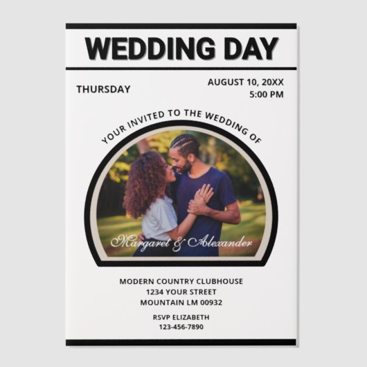 モダンエレガントシンプル写真結婚白黒 ベラム紙招待状 (正面)