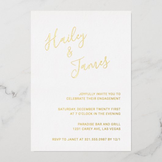 モダンエレガントシンプル婚約パーティ金ゴールド 箔招待状 (正面)