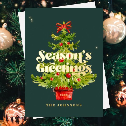 モダンエレガントシンプル水の色のクリスマスツリー 箔シーズンカード