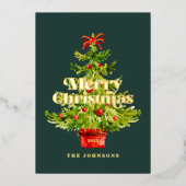 モダンエレガントシンプル水の色のクリスマスツリー 箔シーズンカード (正面)