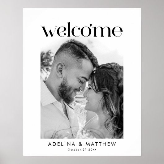 モダンエレガントシンプル結婚の写真の歓迎サイン ポスター (正面)