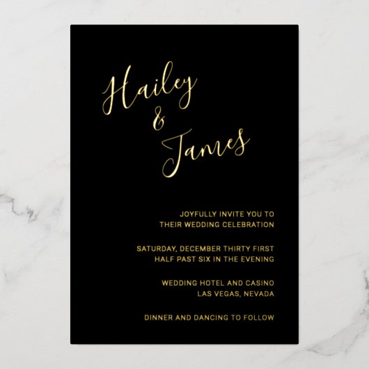 モダンエレガントシンプル金ゴールド写真結婚ズ 箔招待状 (正面)