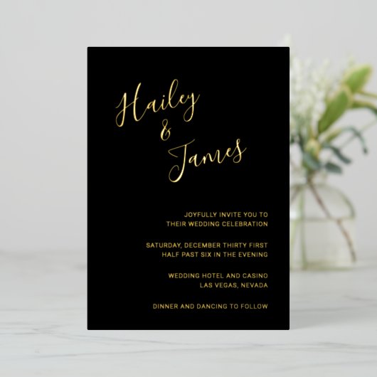 モダンエレガントシンプル金ゴールド写真結婚ズ 箔招待状 (立ち正面)