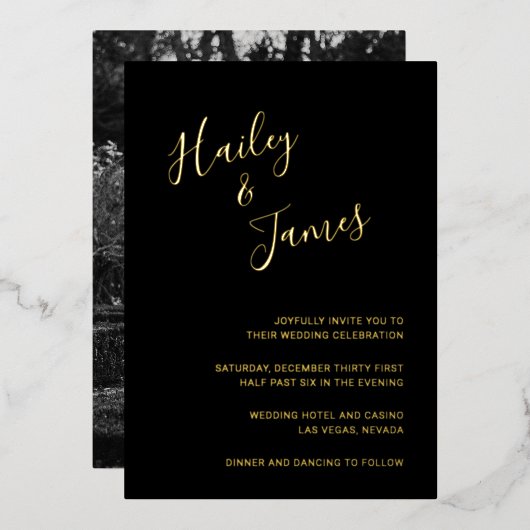 モダンエレガントシンプル金ゴールド写真結婚ズ 箔招待状 (正面/裏面)