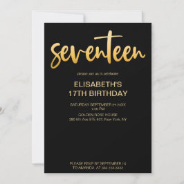 モダンエレガントシンプル黒/金ゴールド17誕生日パーティー 招待状