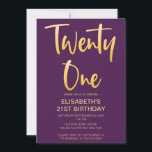 モダンエレガントシンプルPurple 21ST Birthdayパーティー 招待状<br><div class="desc">新しい21歳モダンの誕生日のパーティの招待状エレガントの梅の紫の背景と金ゴールド手書きタイポグラフィの文字"21"。おカスタマイズ客様のパーティー情報を追加して、このテンプレートカード。</div>