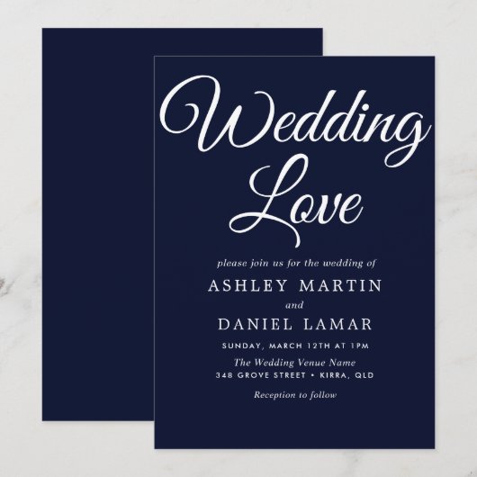 モダンエレガントシンプルScript Navy & White 結婚's 招待状 (正面/裏面)