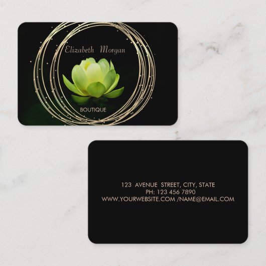 モダンエレガントスタイリッシュ金ゴールド円グリーンロータス 名刺 (正面/裏面)