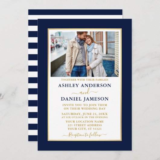 モダンエレガントストライプの金ゴールド結婚ズ 招待状 (正面/裏面)