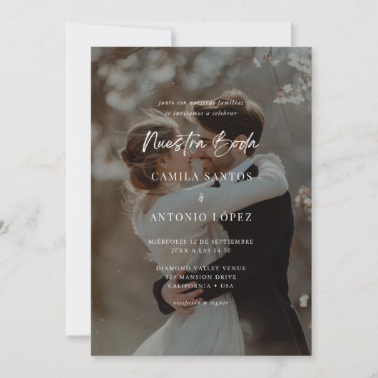 モダンエレガントスペインの黒オーバーレイ結婚写真 招待状 (正面)