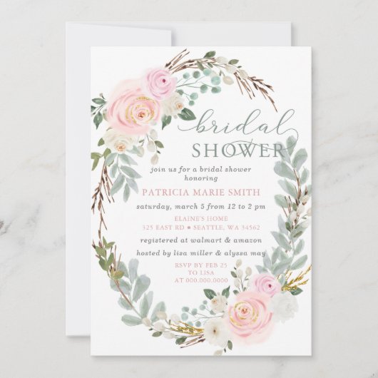 モダンエレガントセージピンクフローラブライダルシャワー 招待状 (正面)