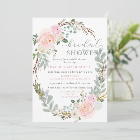 モダンエレガントセージピンクフローラブライダルシャワー 招待状 (スタンド正面)