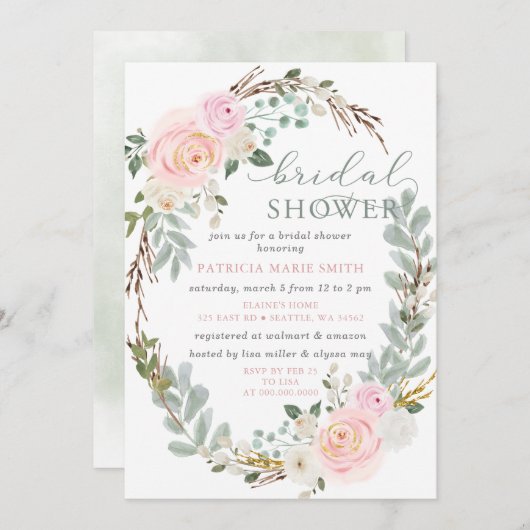 モダンエレガントセージピンクフローラブライダルシャワー 招待状 (正面/裏面)