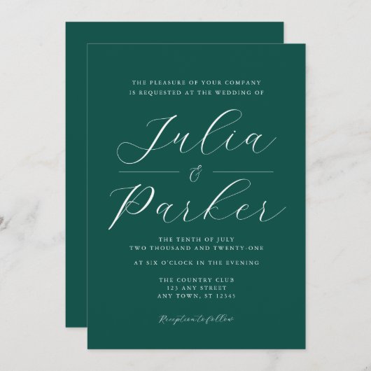 モダンエレガントタイポグラフィエメラルドグリーン結婚ズ 招待状 (正面/裏面)