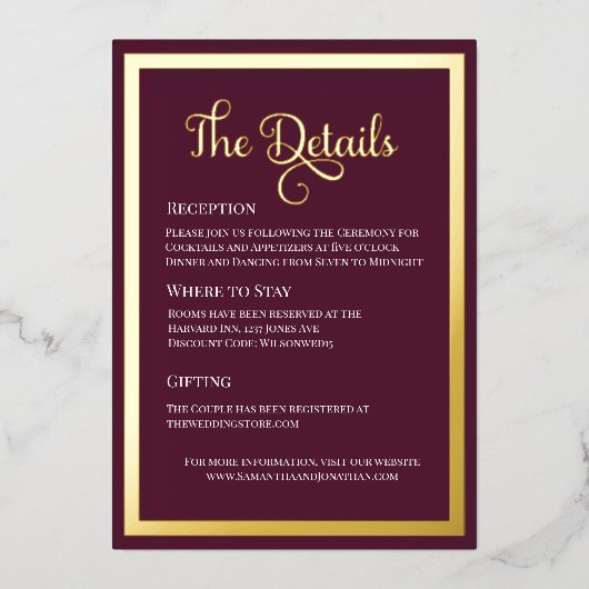 モダンエレガントタイポグラフィダークパープル詳細カード 箔招待状 (正面)