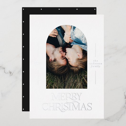モダンエレガントタイポグラフィブラック1写真クリスマス 箔シーズンカード (正面/裏面)