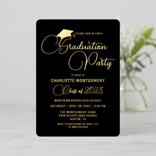 モダンエレガントタイポグラフィ卒業招待状 箔シーズンカード (立ち正面)