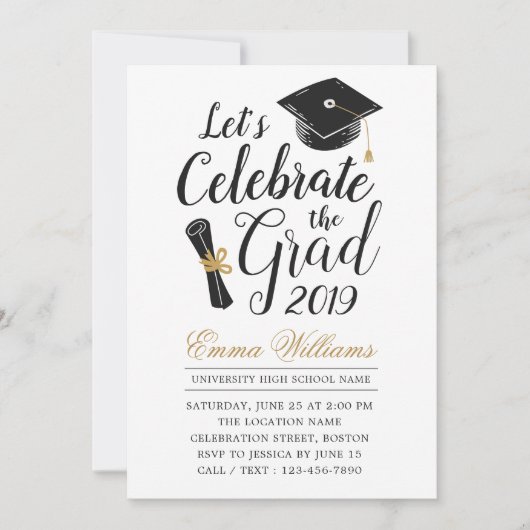 モダンエレガントタイポグラフィ白黒卒業 招待状 (正面)