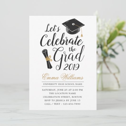 モダンエレガントタイポグラフィ白黒卒業 招待状 (スタンド正面)