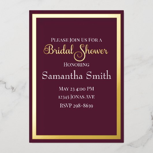 モダンエレガントタイポグラフィ紫ブライダルシャワー 箔招待状 (正面)