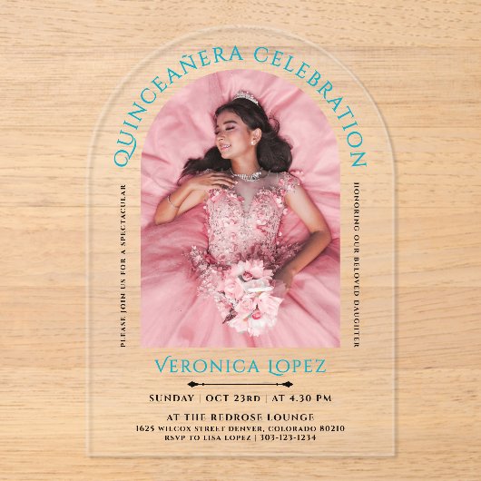 モダンエレガントターコイズブルーキンセアニェラ写真 アクリル招待状 (正面)